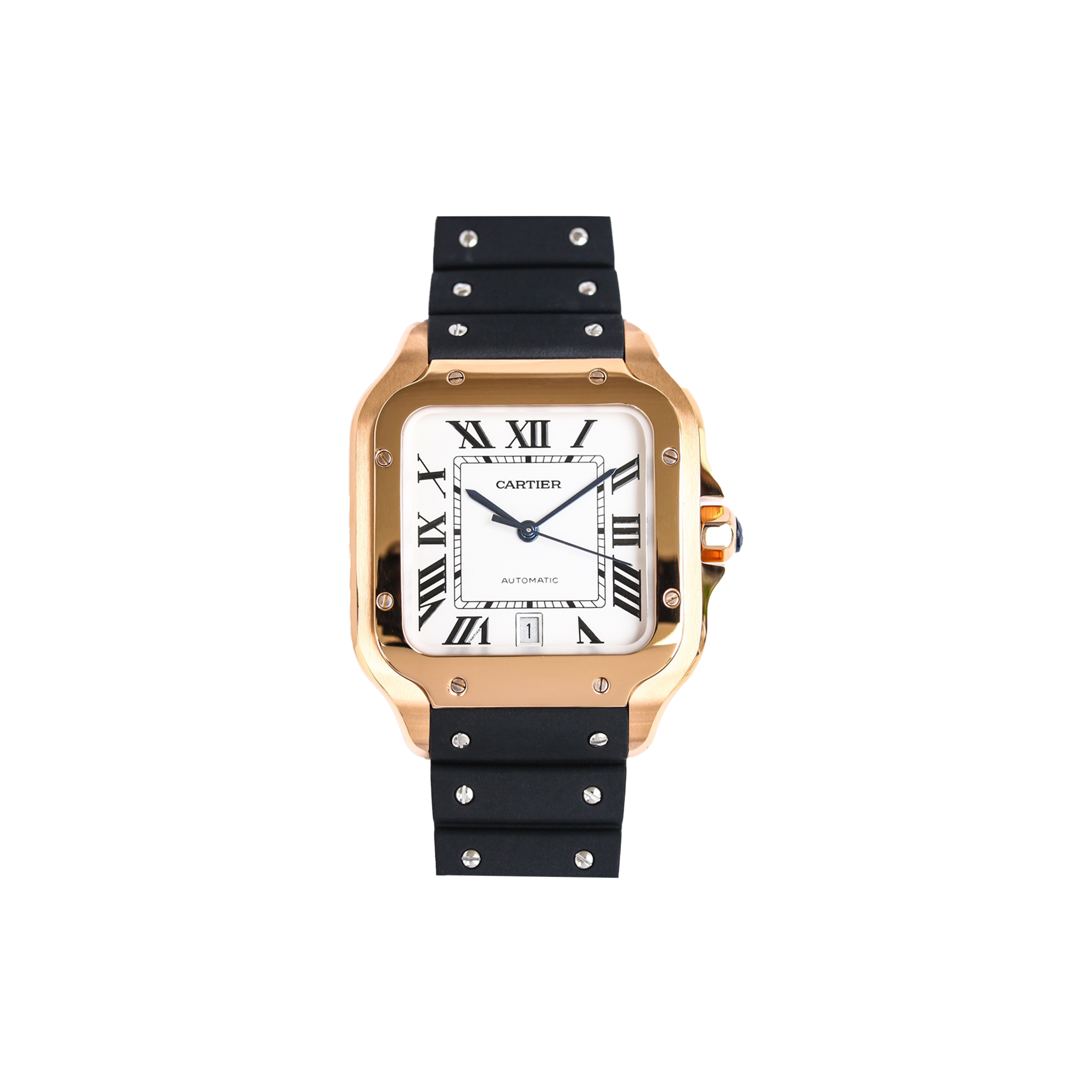 CARTIER SANTOS DE WHITE DIAL IN ROSE GOLD ON BLACK RUBBER STRAP WATCH WGSA0019